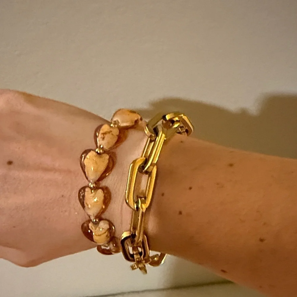 Evereve Chunky Gold Link and Peach Heart  Bracelet set